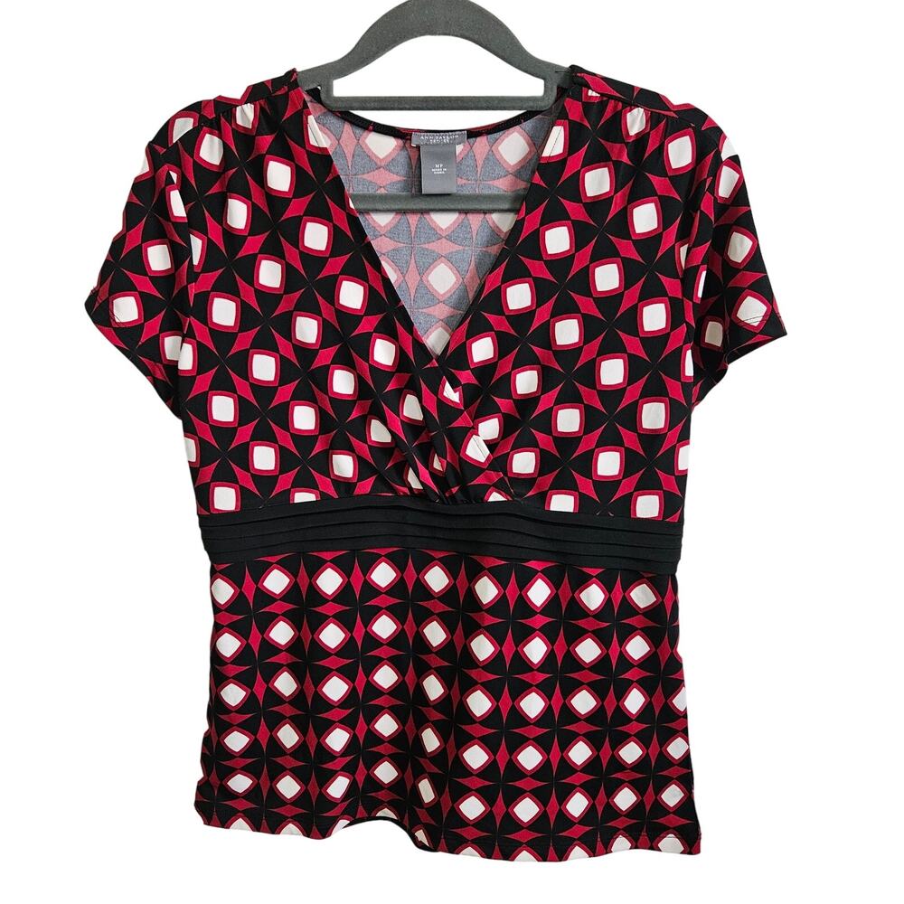 Ann Taylor Size M Petite Crossover Faux Wrap Blouse Red Black Geo Diamond Print